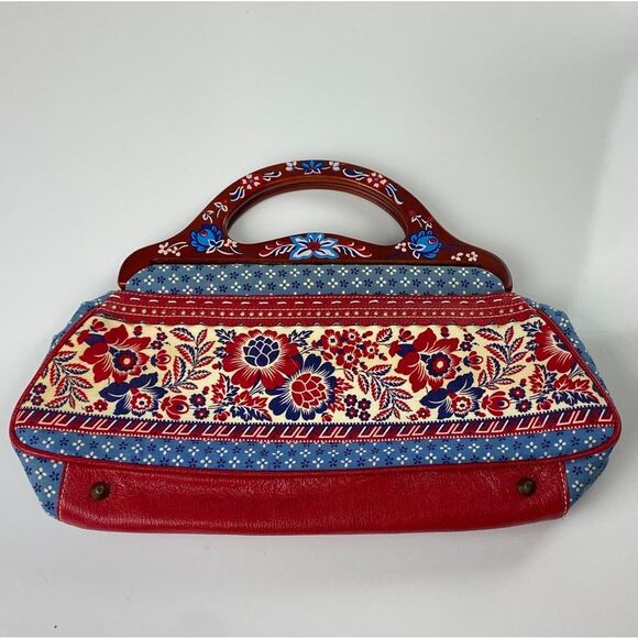 Vintage Isabella Fiore Purse Beaded and Hand Painted Wood Handle Satchel Handbag